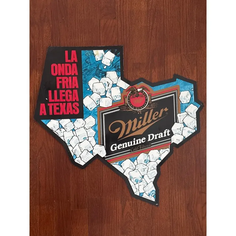 Vintage Miller Genuine Draft Beer Sign Texas Shape La Onda Fria Metal 23x22